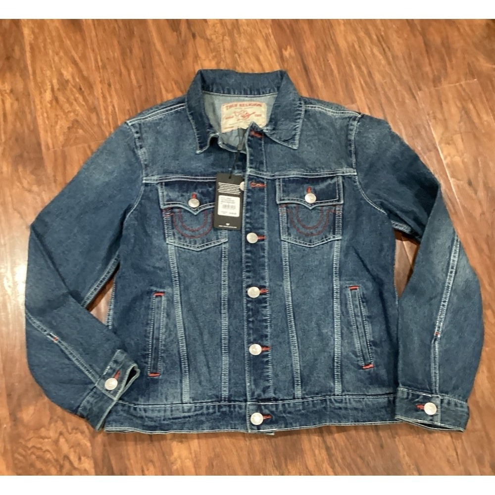 NEW TRUE RELIGION MEN'S JESSE SN TRUCKER BLUE JEAN JACKET SIZE S Retail $159